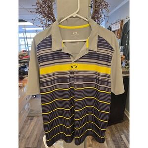 Oakley Mens O-Hydrolix Golf Polo Shirt Grey Navy Yellow‎ Striped Regular Fit XL